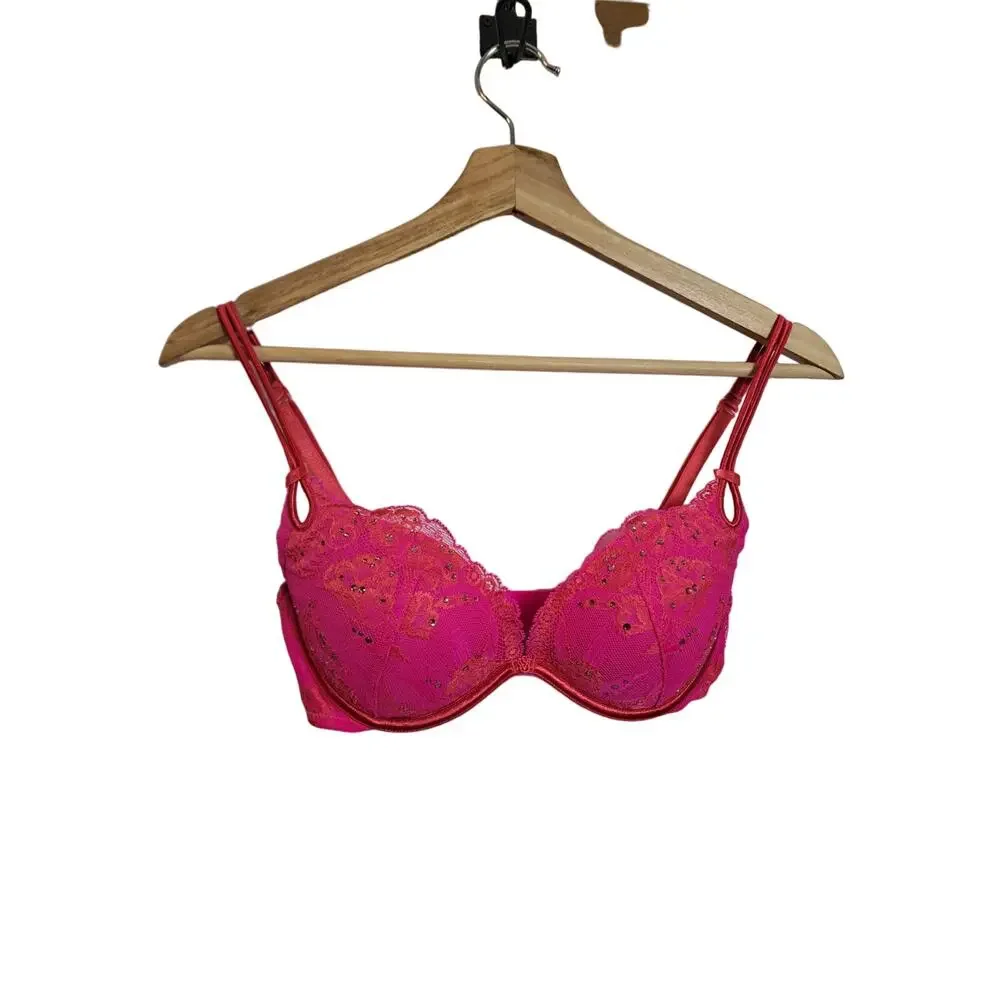 Victoria's Secret Sexy Little Things Pink Lace w/ Crystal's Push Up Size 34C